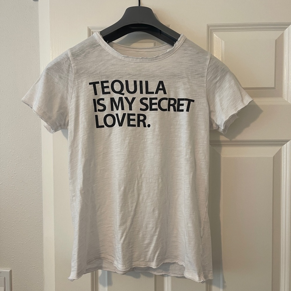 Cha Sor Distressed White Raw Edge T-Shirt “Tequila Is My Secret Lover”